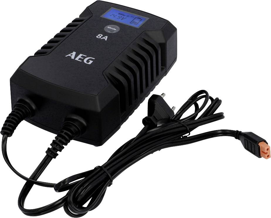 Black AEG battery charger with display screen. Shows '8A'. Includes cables and power plug, suitable for charging vehicle batteries.