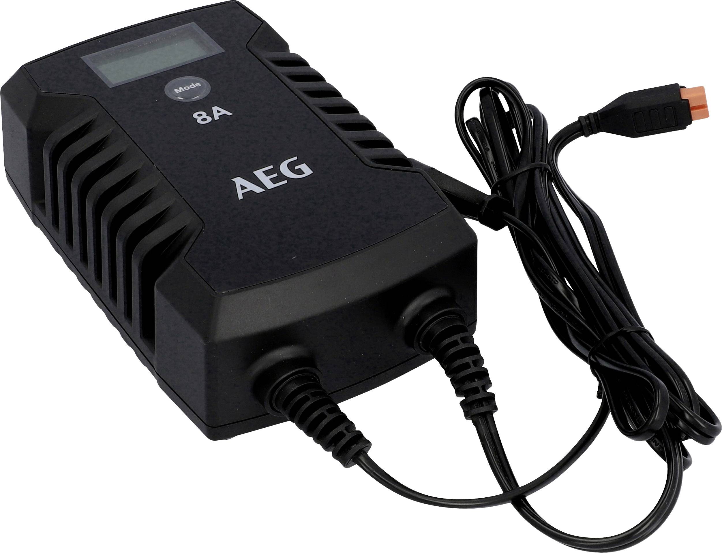 A black AEG battery charger with 8A display and connected cable.