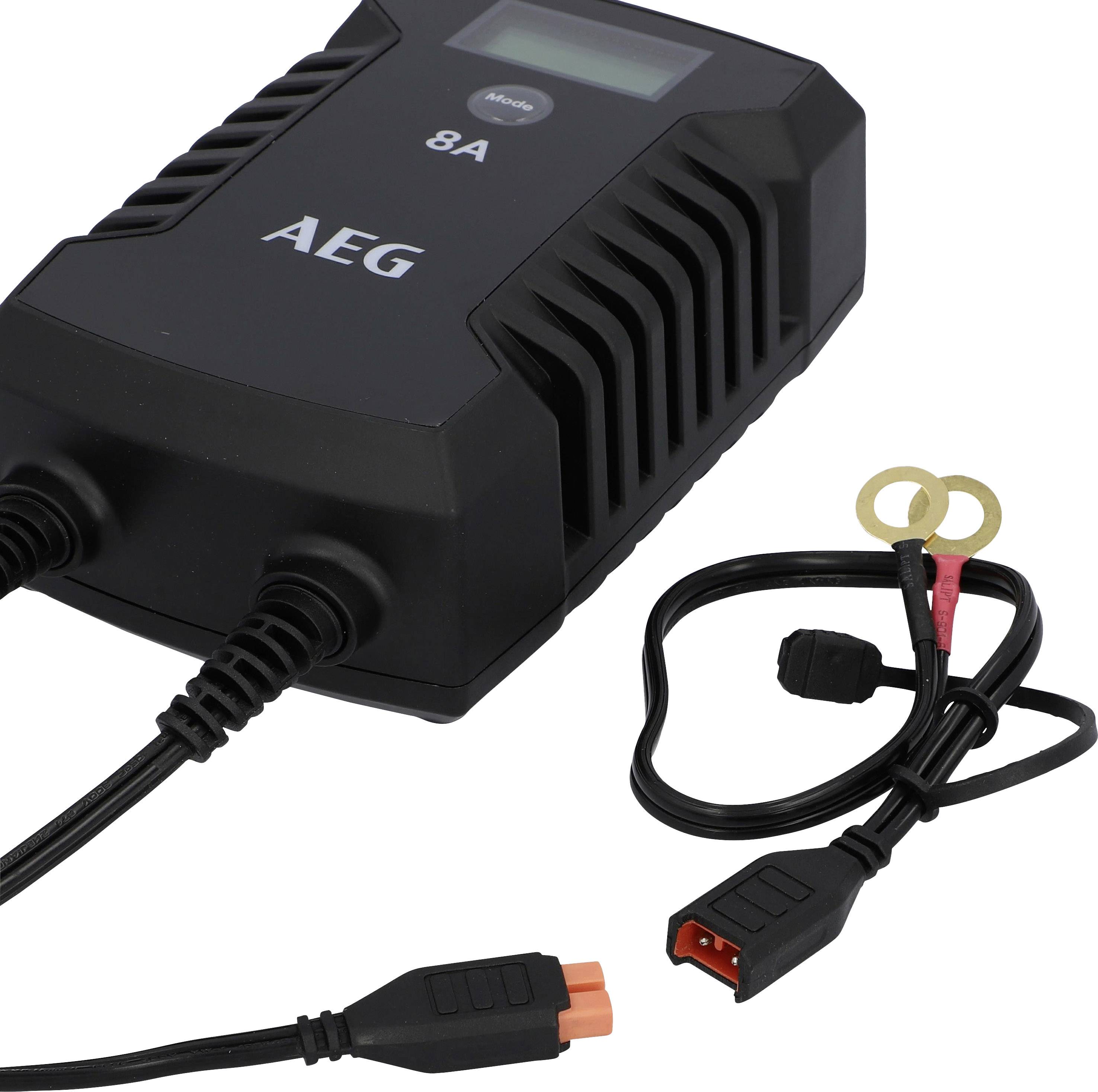 Black AEG battery charger with display and 8A labelling, next to two cables with clips and plug connections.