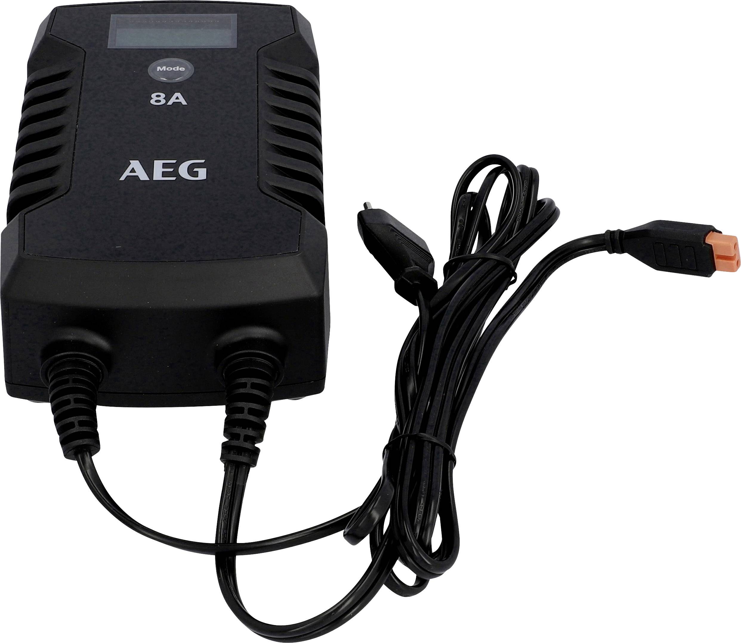 A black AEG battery charger with display and cables, suitable for 8A. Ideal for charging vehicle batteries.