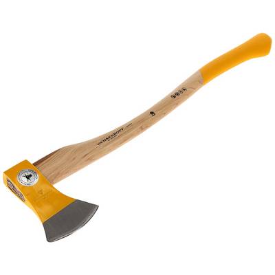 A yellow wood-splitting axe with a curved wooden handle and metal head; suitable for splitting wood.