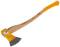 A yellow wood-splitting axe with a curved wooden handle and metal head; suitable for splitting wood.