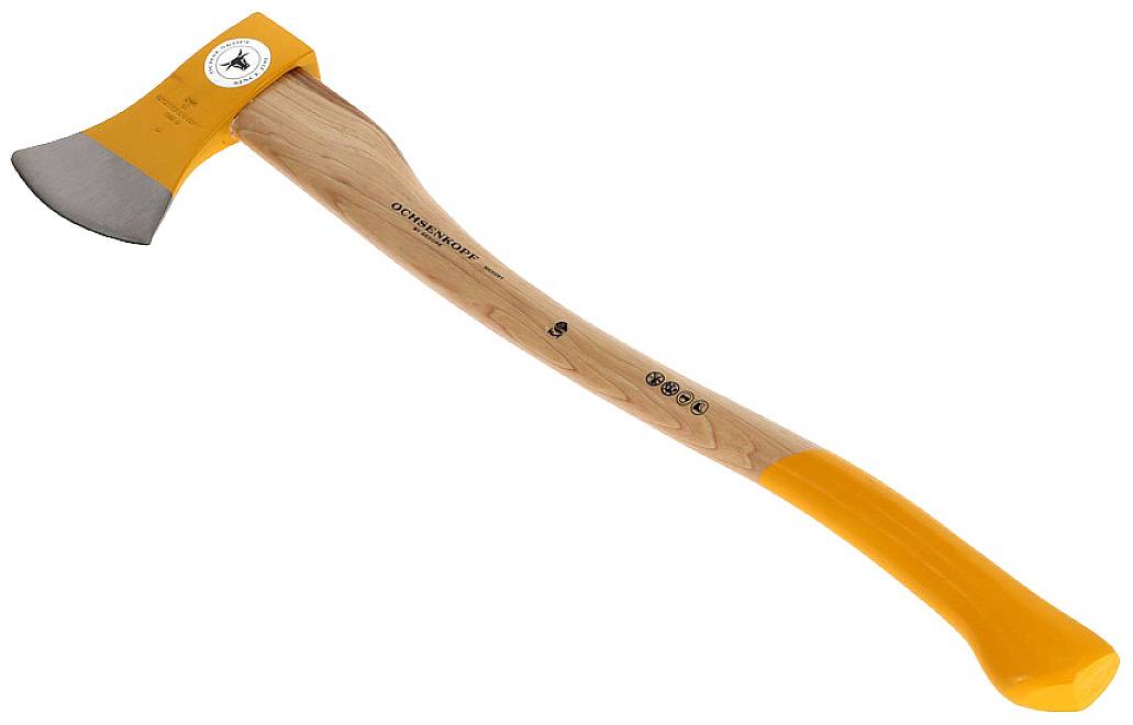 An axe with a wooden handle and an orange head, along with a protective cap. It is slightly tilted to one side and shows the cutting edge.