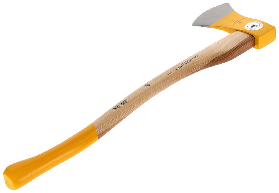A curved wooden-handled axe with an orange protective cover at the head and handle end, suitable for woodworking tasks.