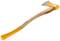 A curved wooden-handled axe with an orange protective cover at the head and handle end, suitable for woodworking tasks.