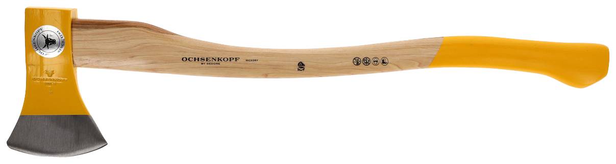 Wooden axe with an orange handle and silver blade, suitable for splitting wood. The 'Ochsenkopf' brand is visible on the wooden handle.