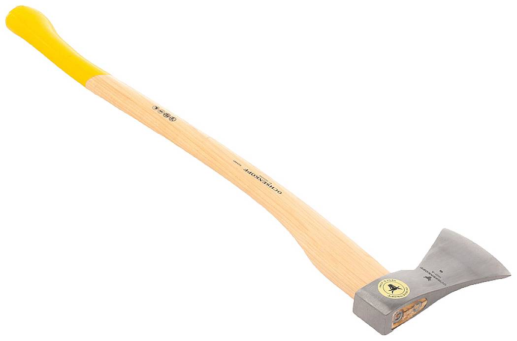 An axe with a wooden handle and a yellow end. The metal head has a broad cutting edge, suitable for splitting wood.