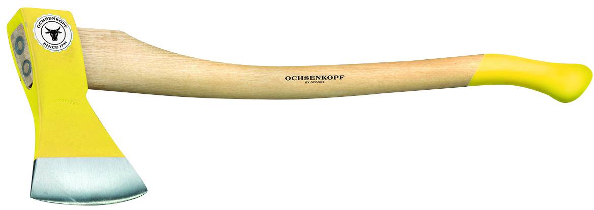An axe with a yellow handle and head, bearing the 'Ochsenkopf' inscription and a protective mark on the metal head.