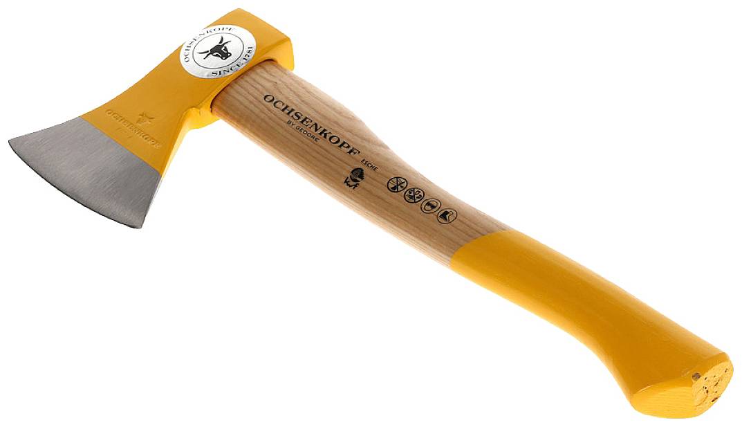 A yellow axe with a wooden handle, brand name 'OCHSENKOPF' on the handle, suitable for forestry and gardening work.