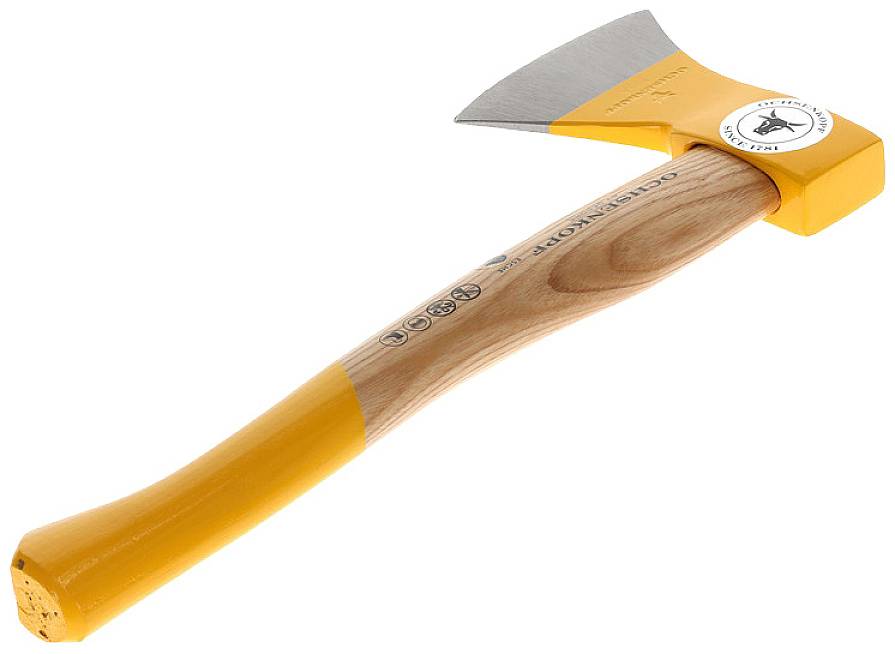 A handy axe with an orange head and wooden handle; suitable for splitting small pieces of wood. Brand logo on the head.