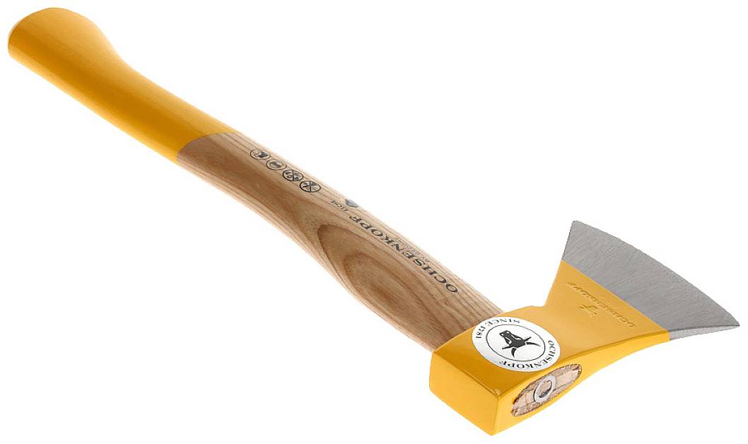 A splitting hammer with a yellow handle and wood-effect finish, suitable for splitting logs, featuring a metallic head and sharp blade.
