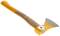 A splitting hammer with a yellow handle and wood-effect finish, suitable for splitting logs, featuring a metallic head and sharp blade.