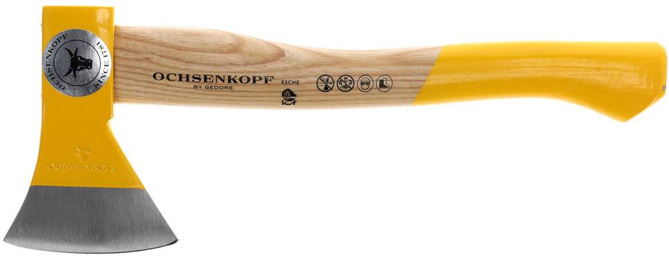 Wooden axe with a yellow handle and wooden shaft, 'Ochsenkopf' brand, featuring various safety and quality seals on the shaft.