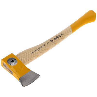 Axe with wooden handle and orange details; brand name 'Ochsenkopf' on the side. Suitable for woodworking.