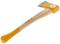 Wooden axe with an orange head and wooden handle, perfect for chopping firewood.