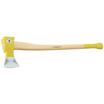 A yellow axe with a wooden handle, brand 'Ochsenkopf', is lying horizontally. It has a sharp, metallic blade and a logo on the head.
