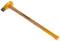 A splitting hammer with a long wooden handle and yellow head, suitable for splitting wood.