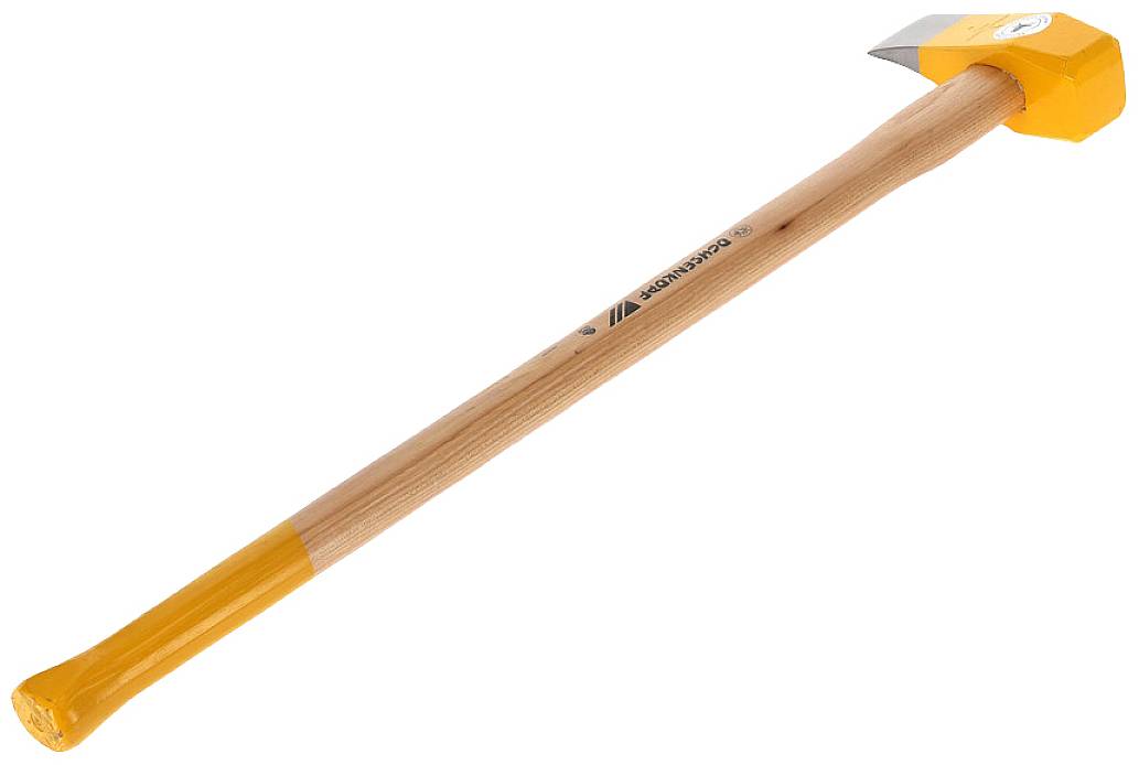 Wooden axe with a yellow head and long wooden handle, suitable for felling timber.