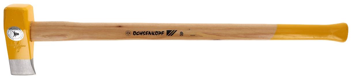 A wooden axe with a yellow handle and the inscription 'Ochsenkopf' on the side. Suitable for splitting wood.