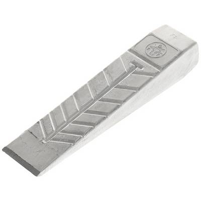 Metal wedge made of silver-coloured material with a ribbed surface, commonly used for splitting wood.