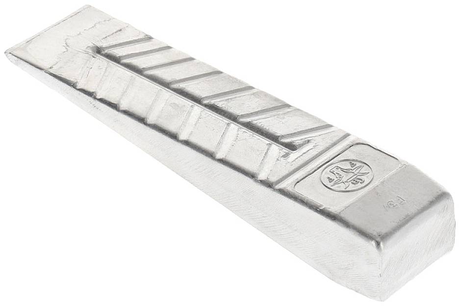 A silver metal wedge with a grooved upper surface and an embossed symbol.