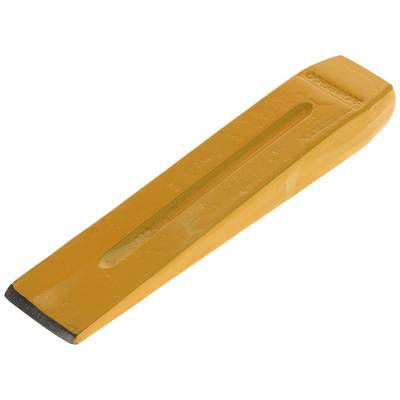 A yellow metal log-splitting wedge used for splitting wood. The wedge has a flat, sharp edge.