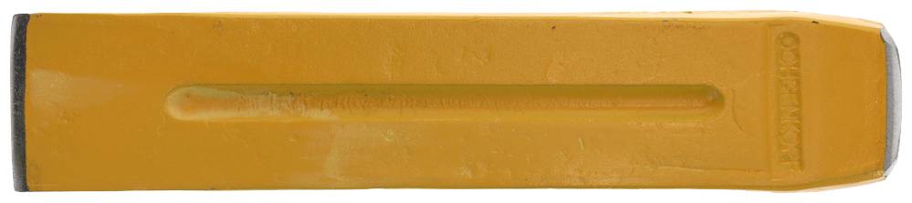 A flat-topped orange metal splitting wedge. Used for cleaving large pieces of wood or stone.