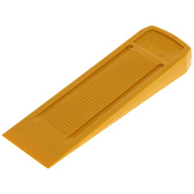 An orange plastic tool, rectangular in shape, with a ribbed surface and a bevelled end, serves as an assembly wedge.