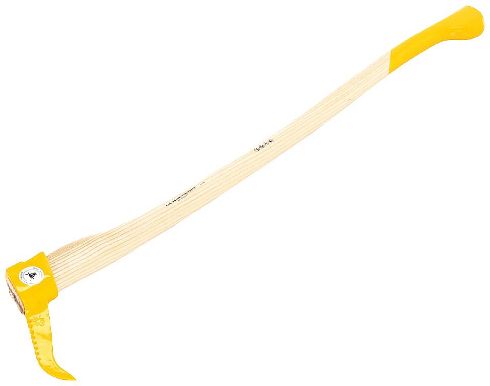 Woodland tool with a long, curved wooden handle and a yellow metal tip. It is typically used in forestry.