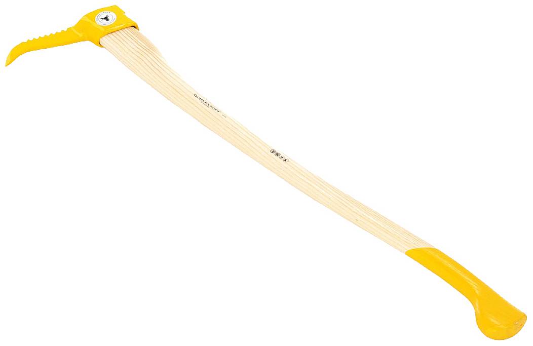 Wooden log tongs with a yellow steel hook and handle, used for lifting and moving timber logs.