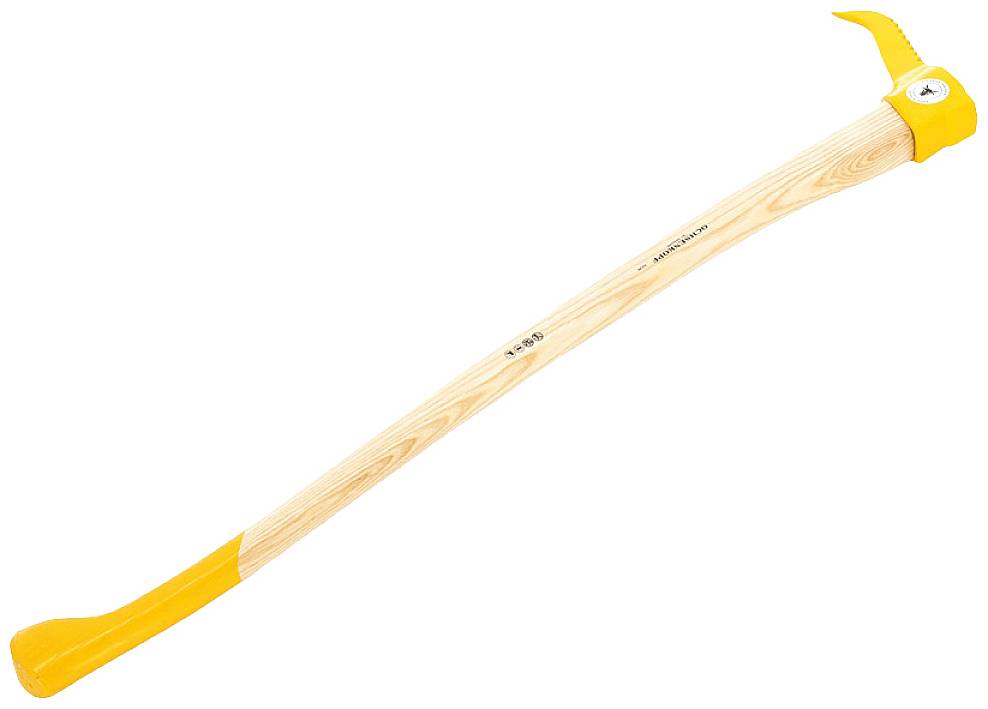 Wood splitting hammer with a yellow head and red handle, used for splitting wood.