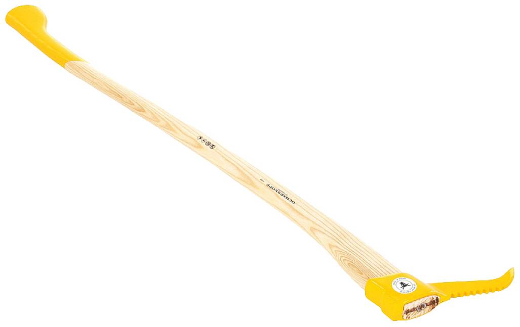 A pickaroon with a wooden handle and yellow metal head is frequently used for lifting and moving timber logs.