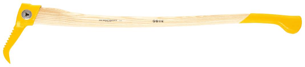 A wooden log hook with a hook-shaped metal head and a long wooden handle. The ends of the handle are marked in yellow.