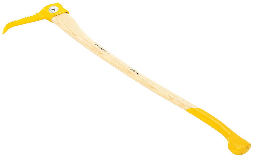 Wooden log tongs with yellow handle and steel claw, used for safely lifting and transporting timber logs.