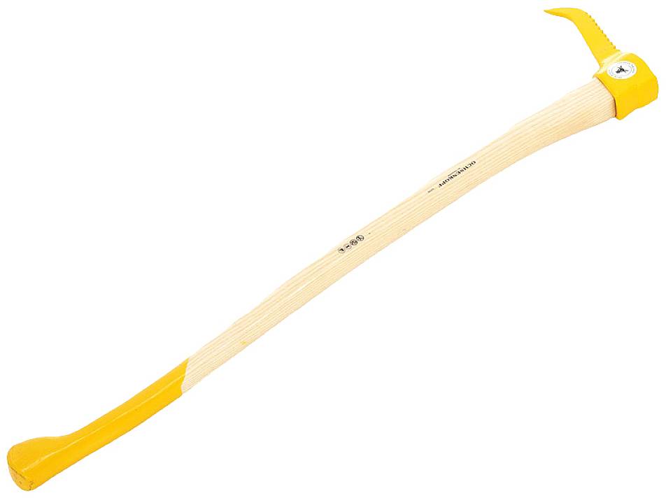 A yellow pickaroon with a wooden handle, used for moving timber logs.