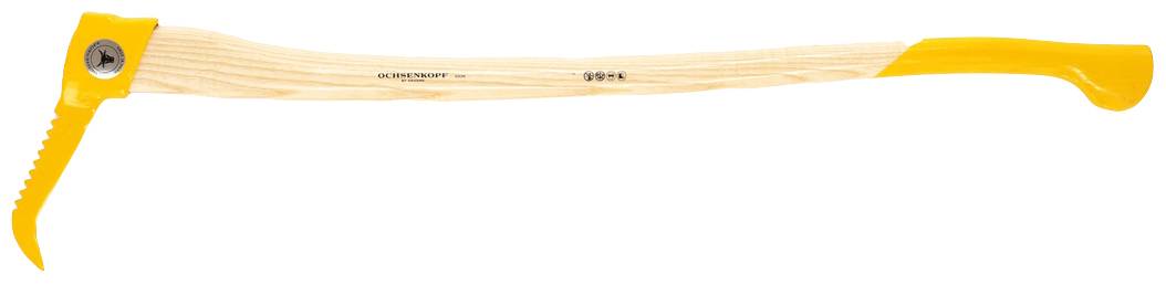 A woodcutter's tool with a yellow handle and a serrated metal blade, used for lifting logs and providing improved leverage.