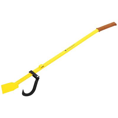 A yellow cant hook with a hook at the end and a non-slip grip, used for lifting and turning logs.