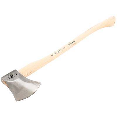 Wooden axe with a long, light-coloured wooden handle and a metallic axe head, suitable for chopping wood.