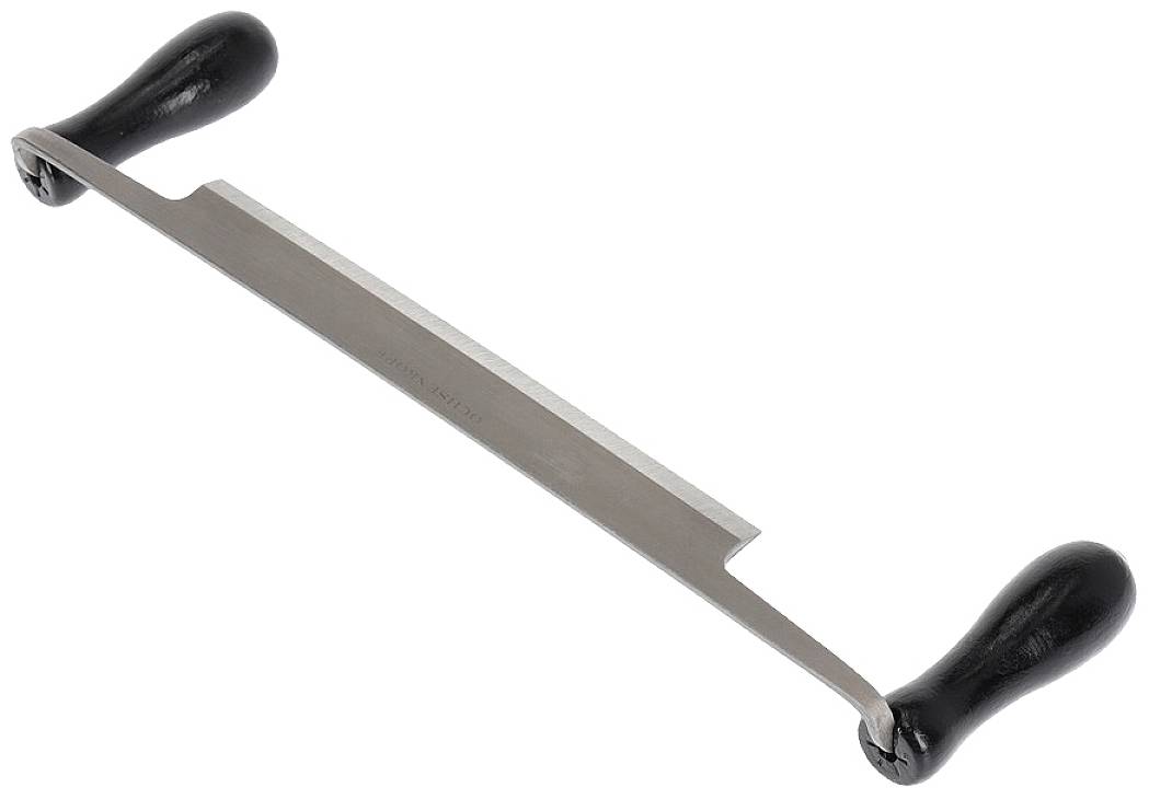 A spokeshave with two black wooden handles and a wide, curved blade. Woodworking tool.