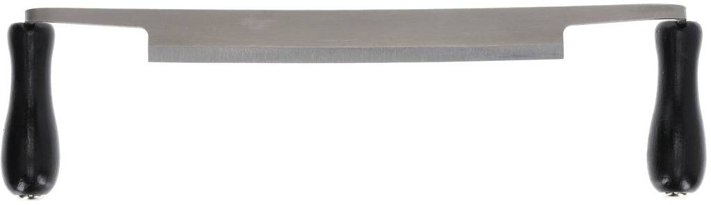 A drawknife with two black handles, primarily used for removing material or smoothing wooden surfaces.