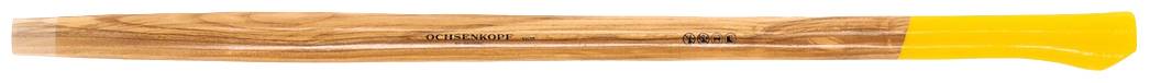 A wooden hammer with a yellow end lies horizontally. The wood has visible grain patterns, with no further details discernible.