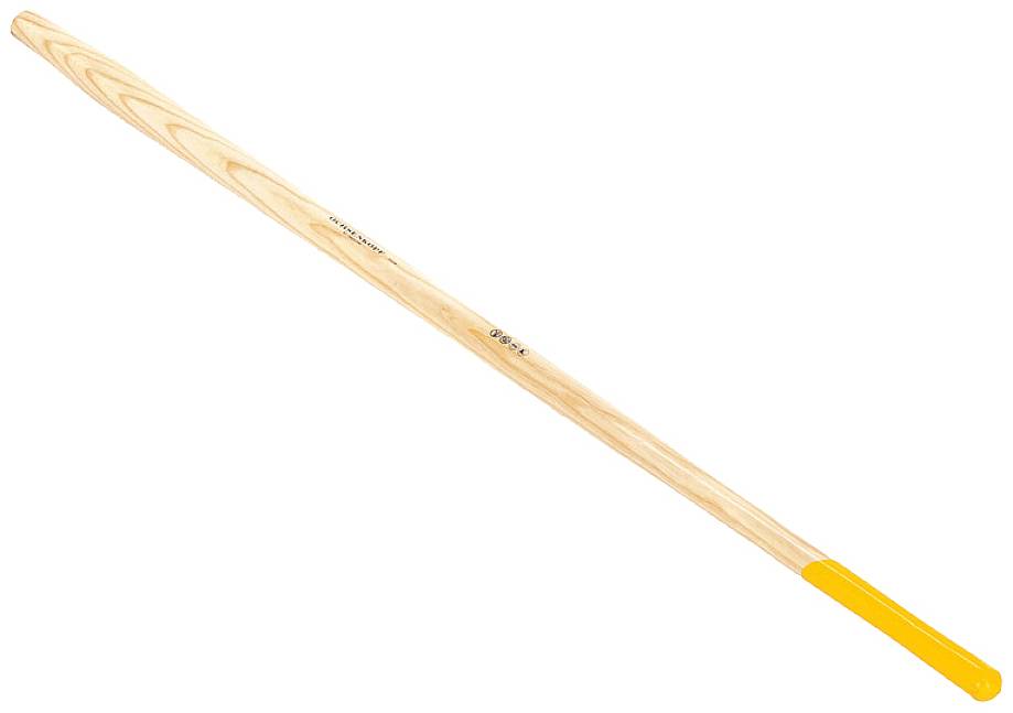 A single wooden baseball bat with a yellow handle on a white background.