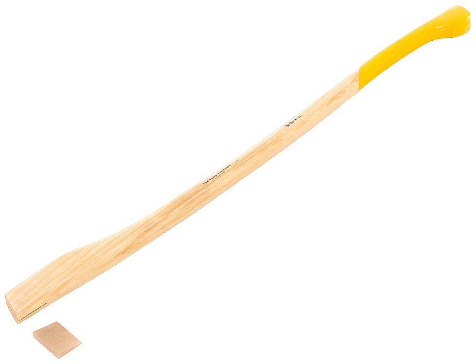 Wooden axe with a long, light wooden handle and yellow end. Rests on a white background.