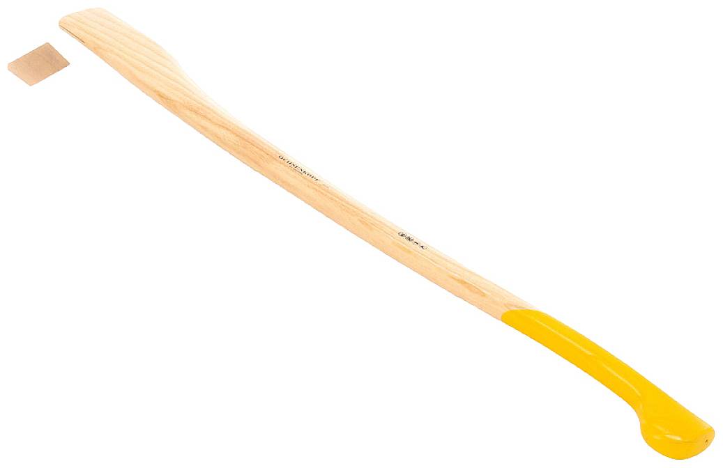 Garden tool made of wood with a yellow handle and protective cap, used for removing weeds between paving stones.