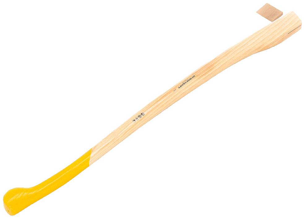 A wooden axe handle with a yellow grip end and a rectangular hole for attaching the axe head.
