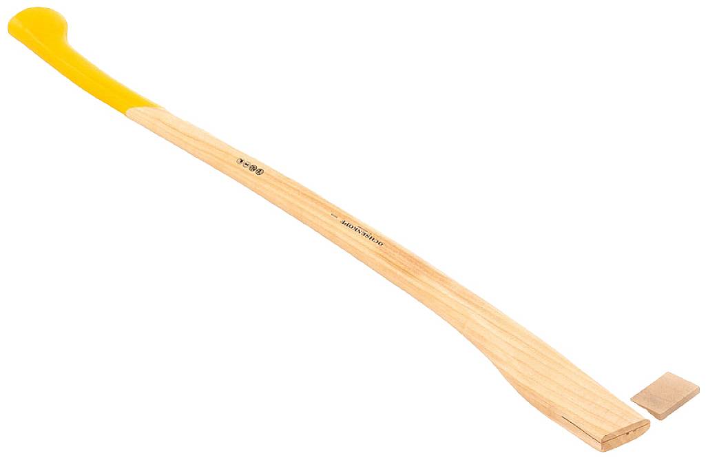 Wooden axe handle with yellow coating at the top, replacement part for axe.