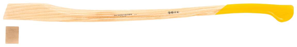 Large machete with wooden handle, yellow plastic end, suitable for gardening and bush clearing. Wood grain visible, no decorative elements.