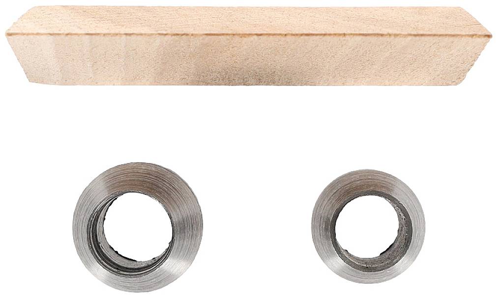 A rectangular, copper-coloured piece is situated above two circular metal parts.