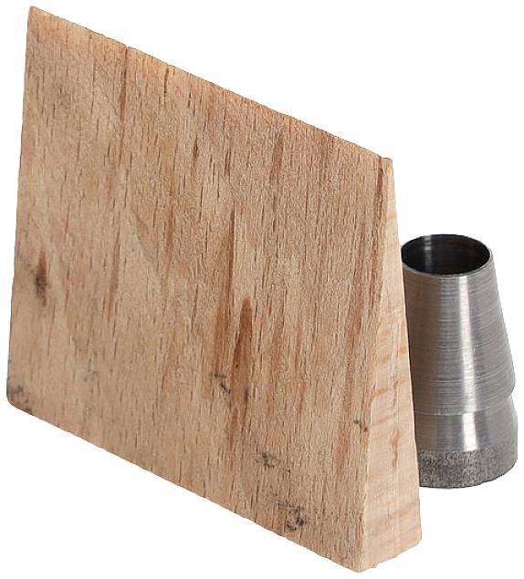 Wooden piece standing alongside a conical metal sleeve.