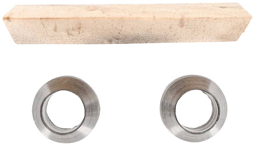 'A rectangular wooden block on top and two round metal rings side by side underneath.'